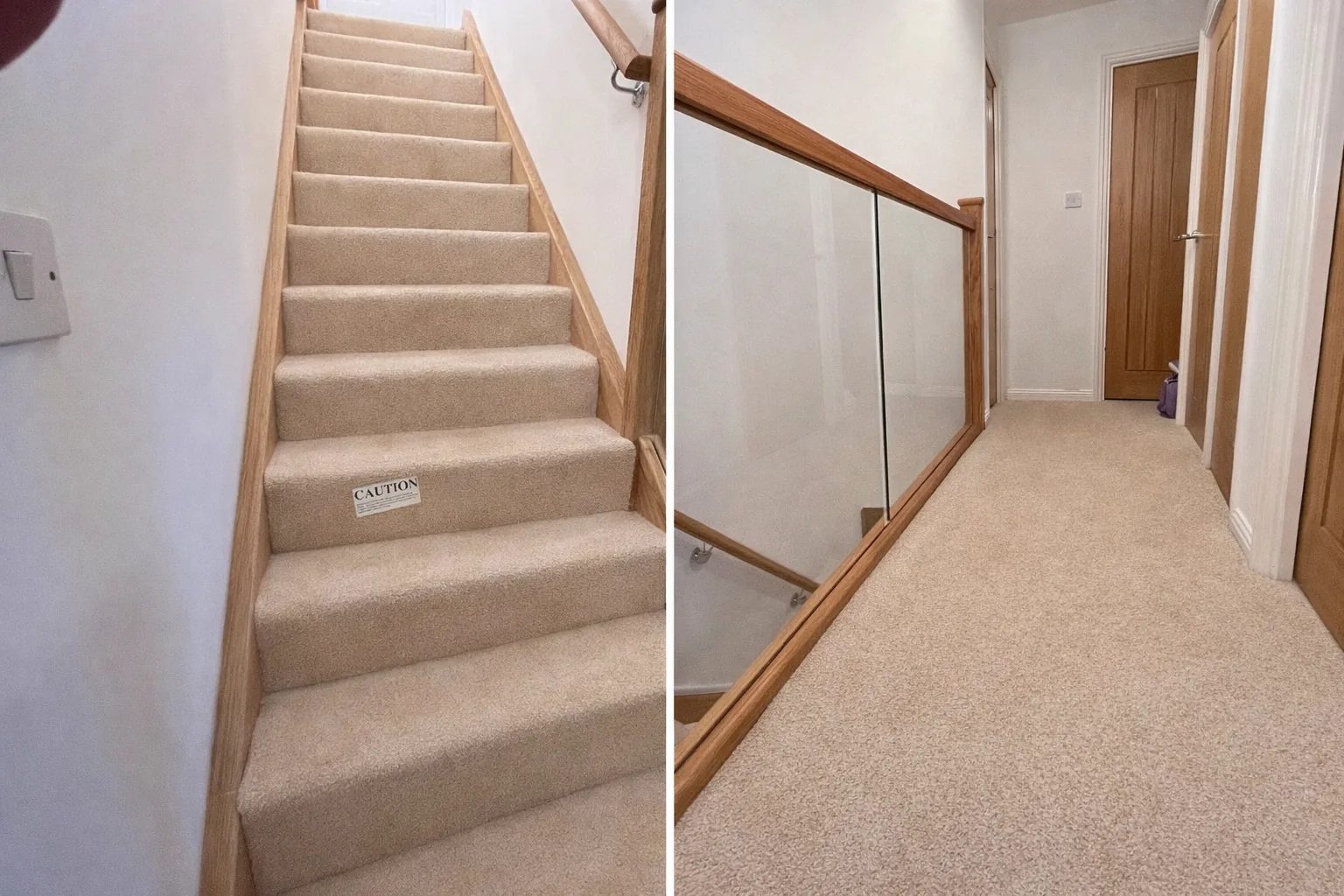 Oak-clad staircase and glass landing balustrade in Swansea
